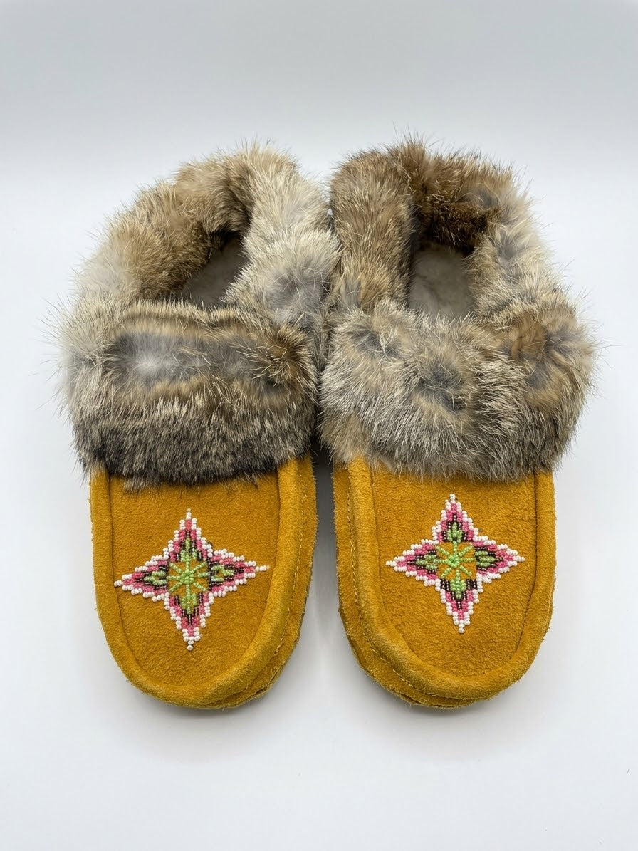 Yellow Moccasins with Beadwork (Size 7)