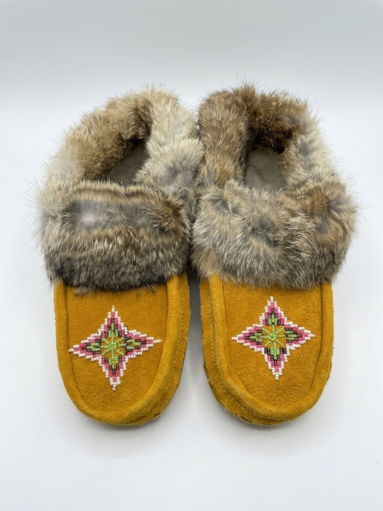 Yellow Moccasins with Beadwork (Size 7)