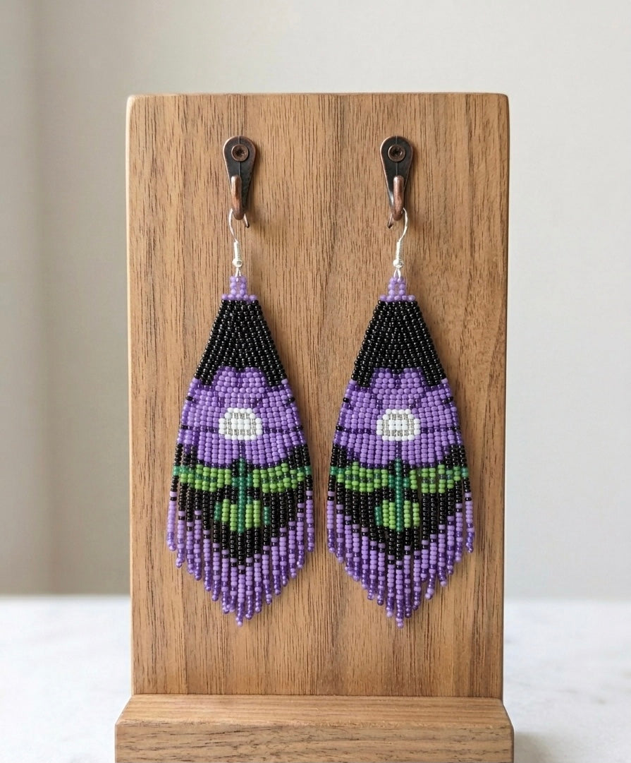 Flower Beaded Earrings ( Purple )