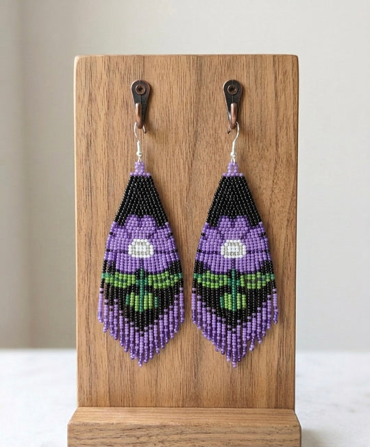 Flower Beaded Earrings ( Purple )