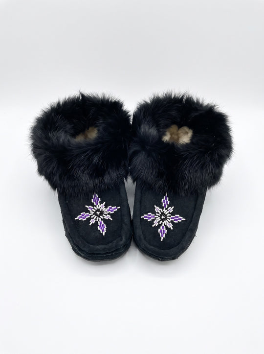 Black Moccasins with Beadwork (Size 7)