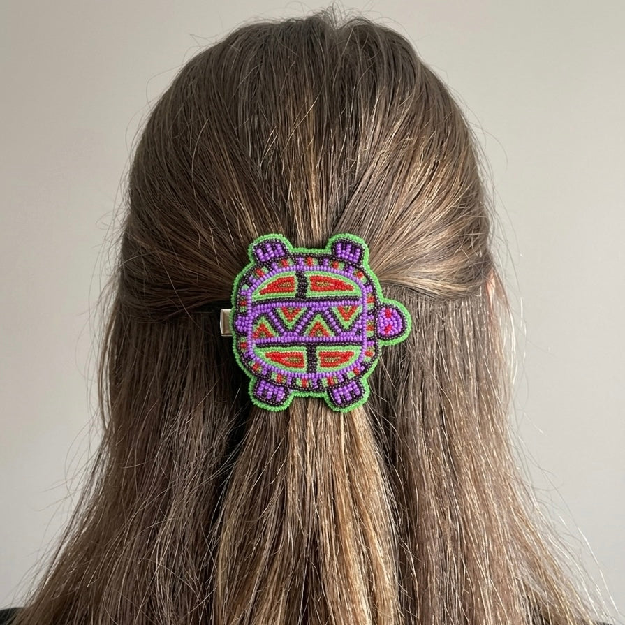Beaded turtle Barrette Green accent