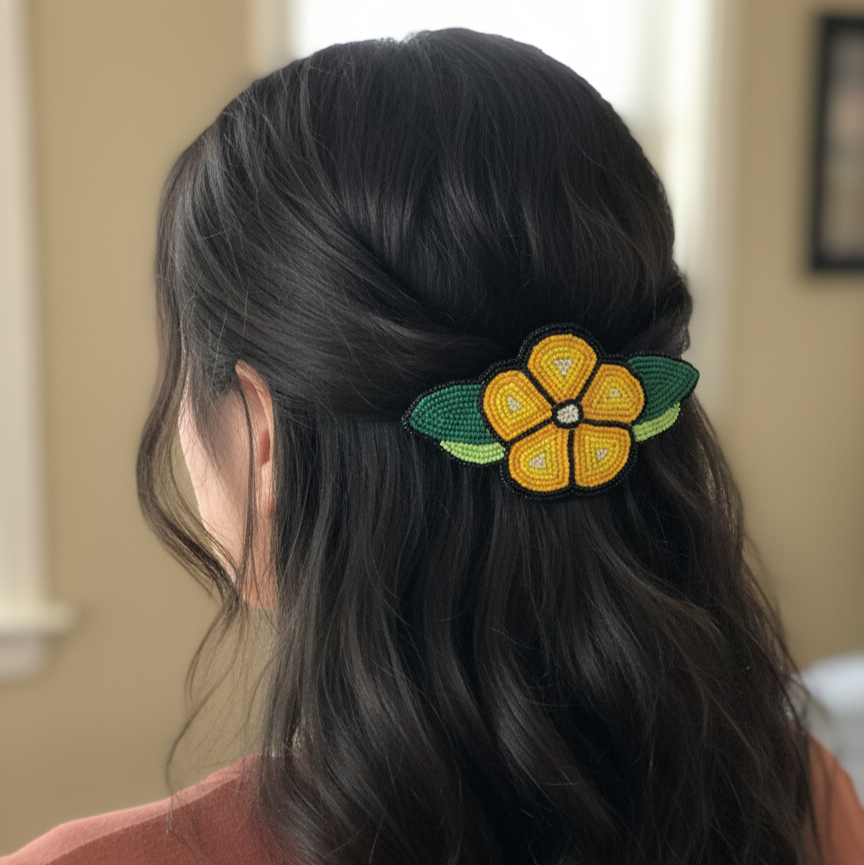 Yellow and Black Beaded Flower Barrette