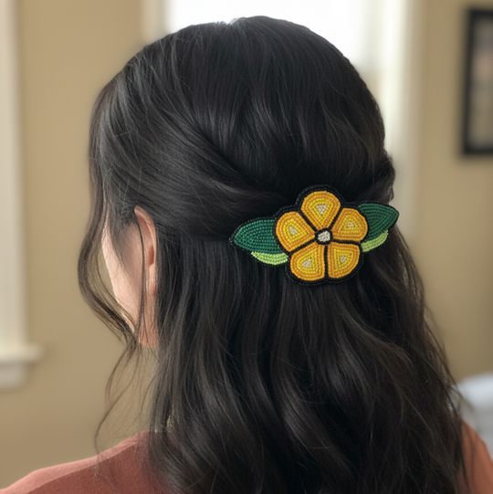 Yellow and Black Beaded Flower Barrette