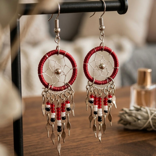 OLDTRIBES™ burgundy beaded dream catcher earrings