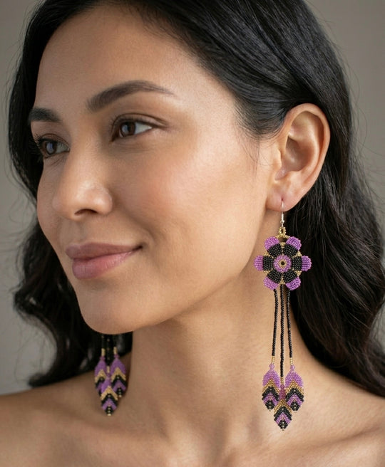 Sun Feather Bloom Beaded Earrings- Pink & Brown