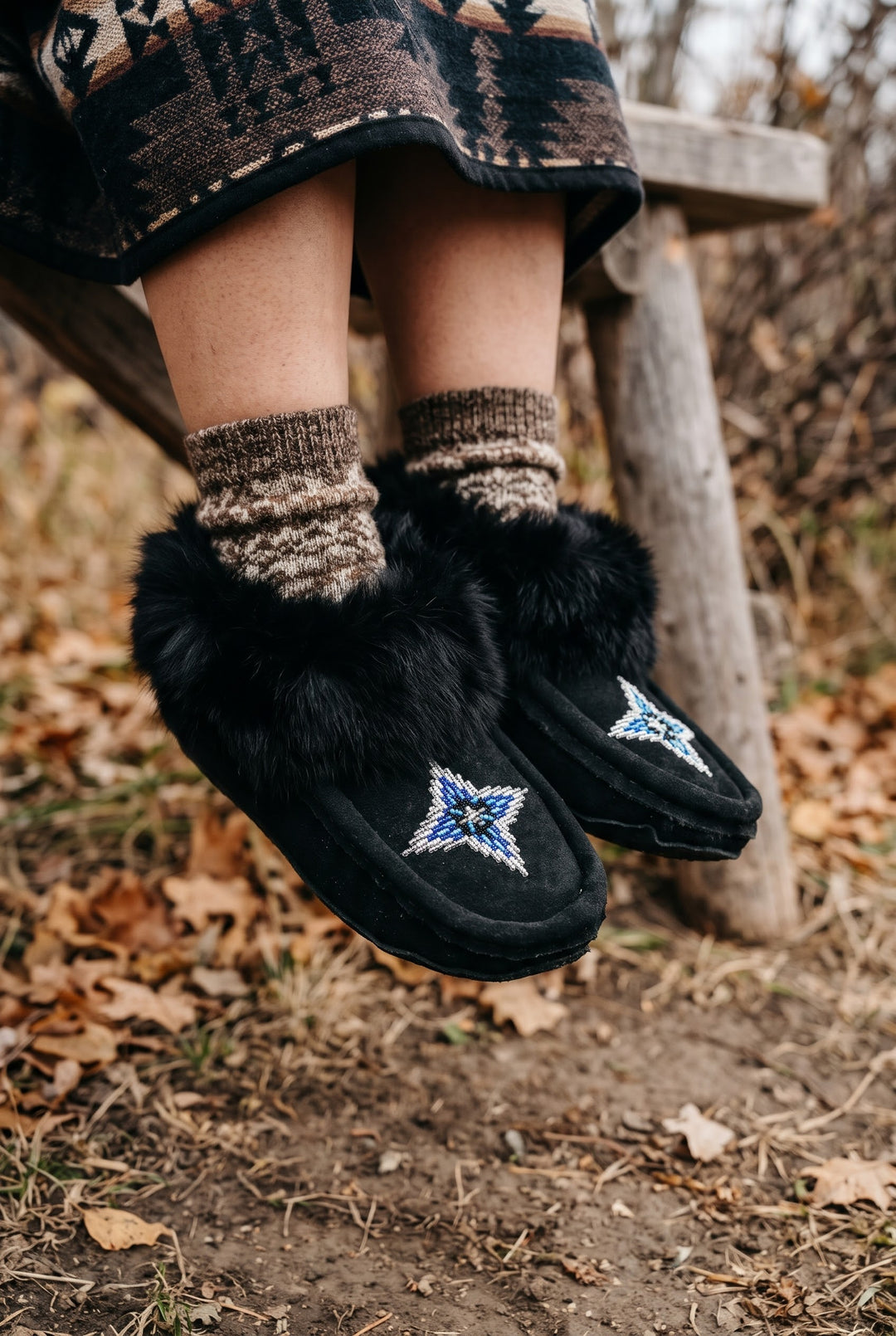 Black Moccasins with Beadwork (Size 8)