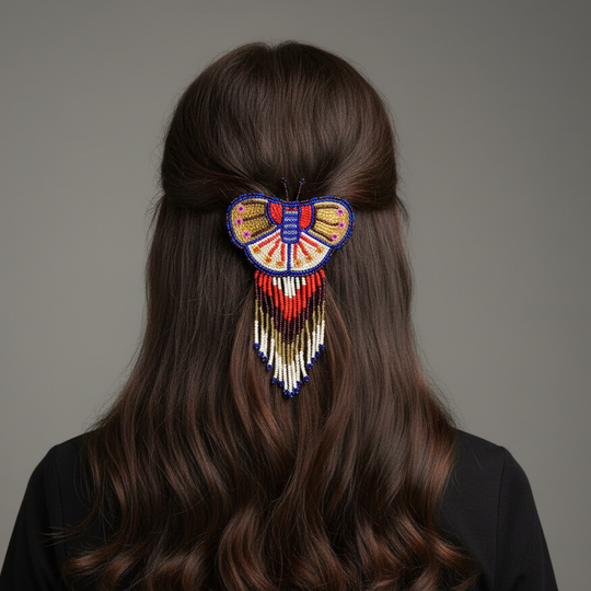 Butterfly Beaded Barrettes with Fringes Golden & White