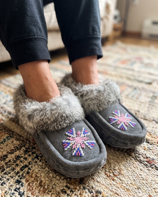 Grey Moccasins with Beadwork (Size 10)