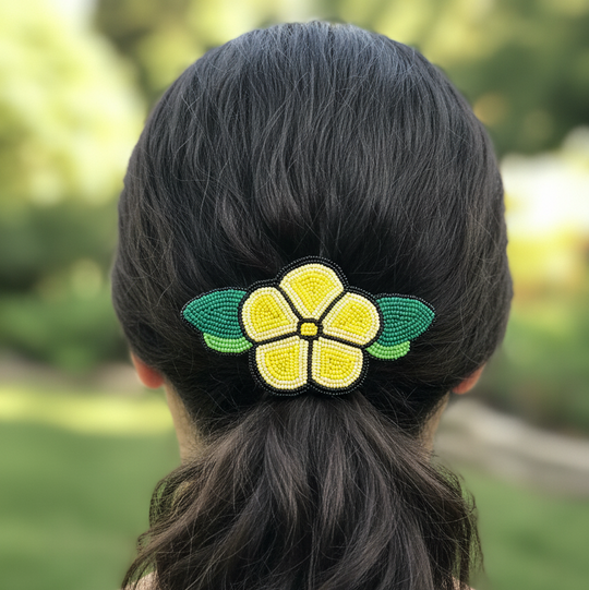 Yellow and Black Beaded Flower Barrette
