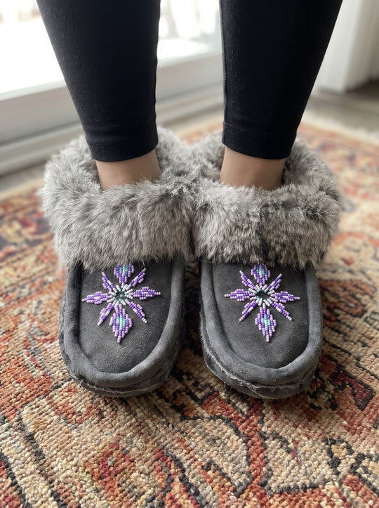 Grey Moccasins with Beadwork (Size 8)
