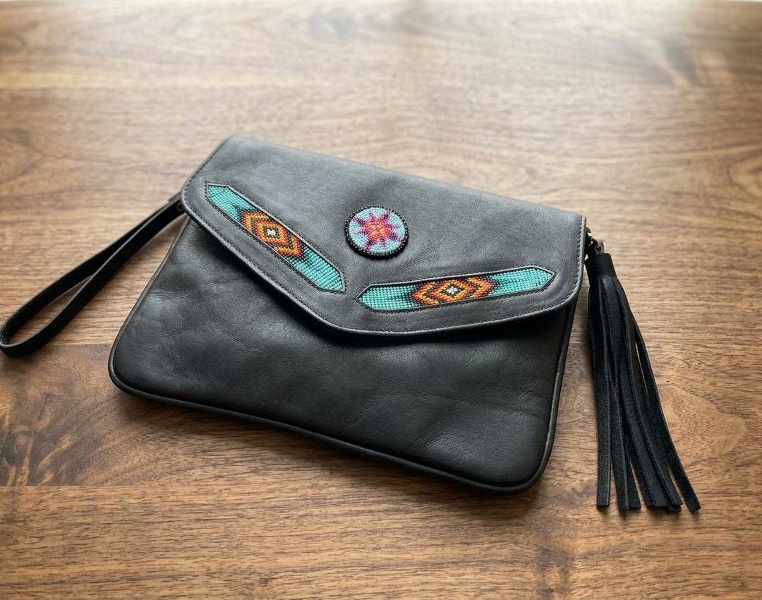 Leather beaded Crossbody bag(Black)