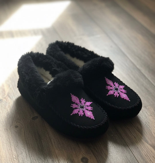 Black  Moccasins with Beadwork (Size 9)