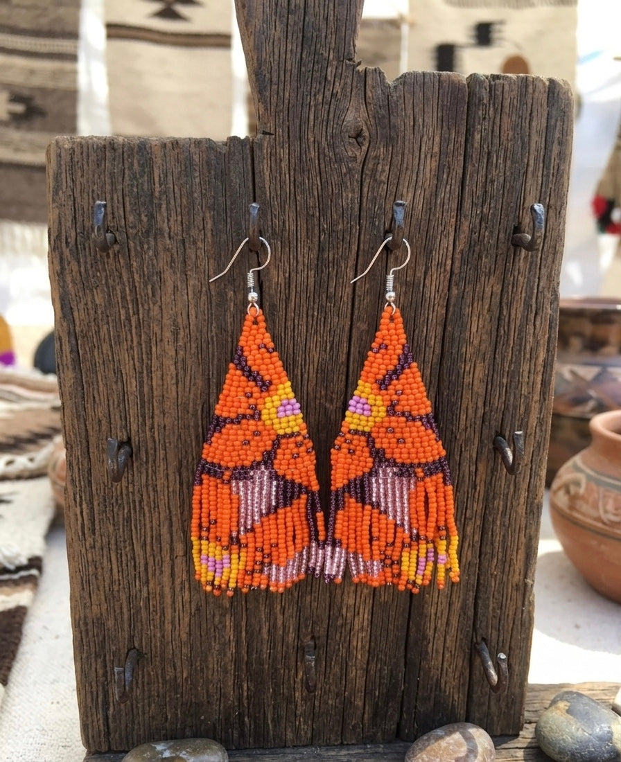 Flower Fringe Beaded Earrings (Orange)