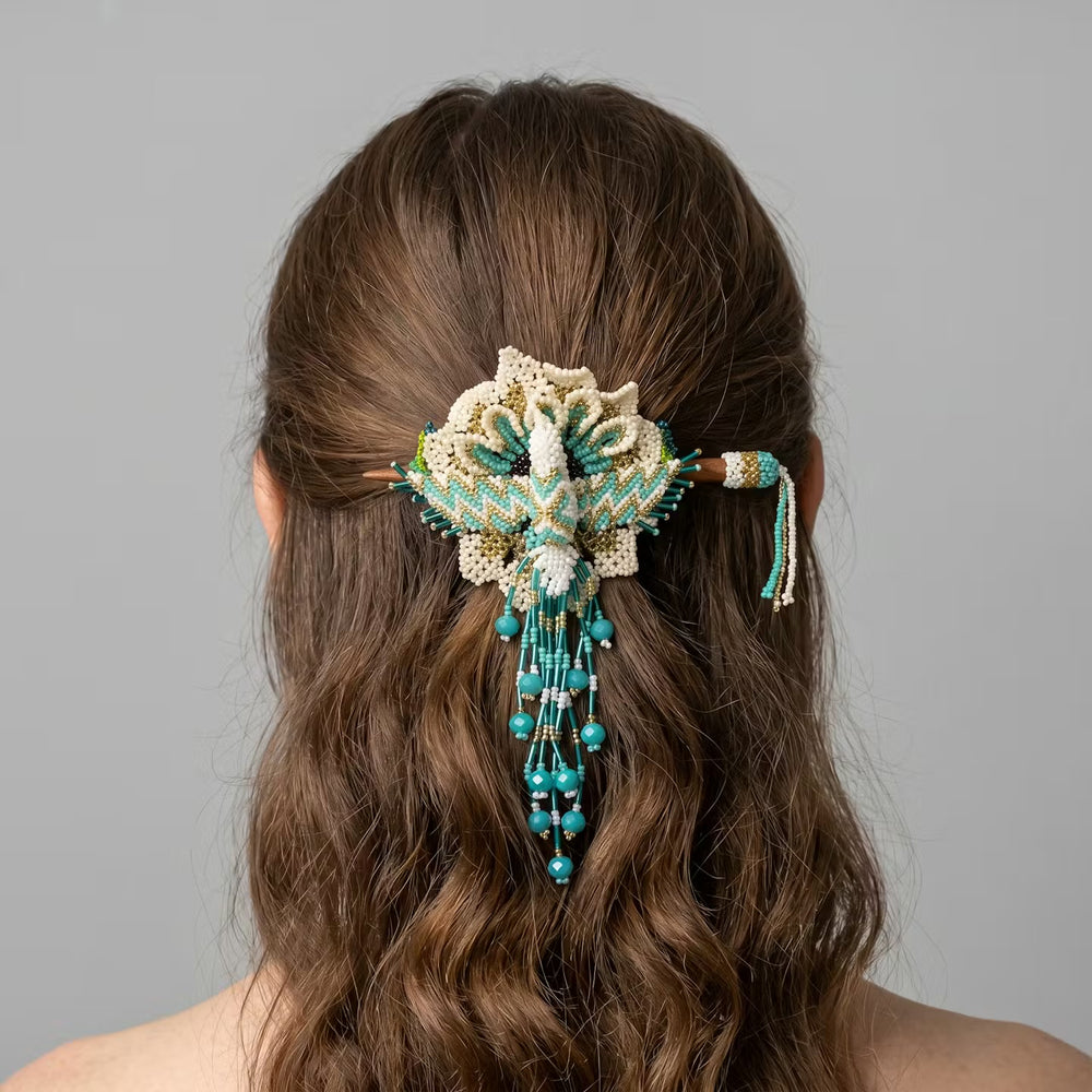 Maple Blossom Hummingbird Beaded Hair Stick Barrette Turquoise