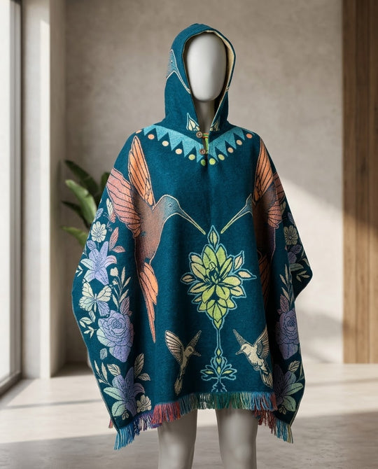 Hummingbirds  / flowers HandMade Wool Poncho