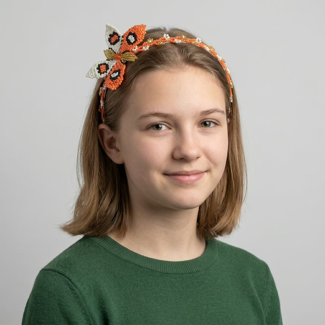 Beaded Headband with Butterfly Orange & White
