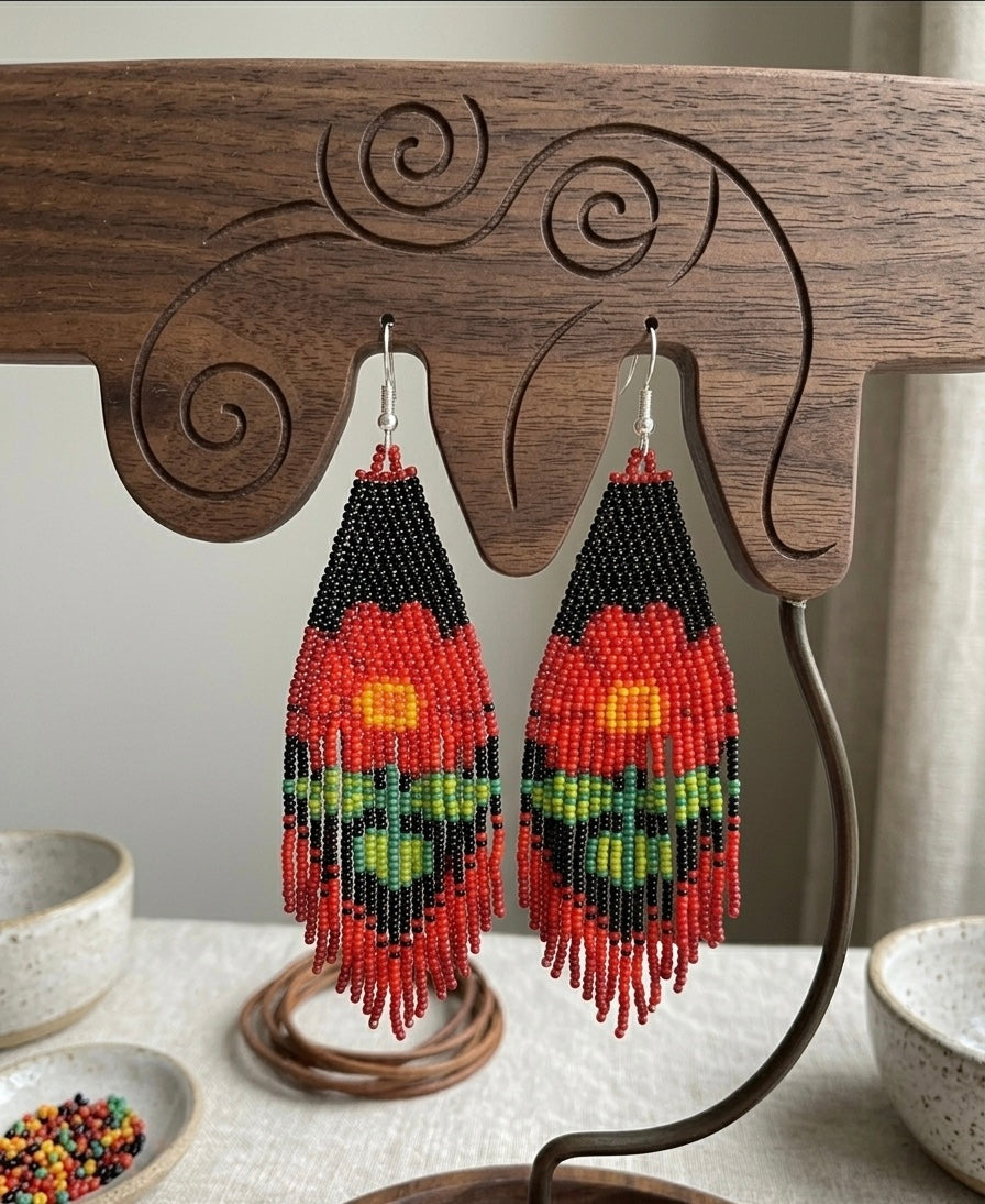 OLDTRIBES Flower Beaded Earrings ( Red )