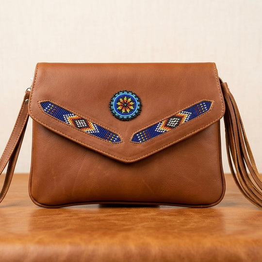Leather beaded Crossbody bag(Brown)