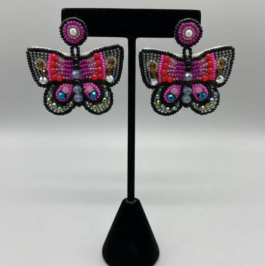 Butterfly Beaded Earrings - Black and Pink
