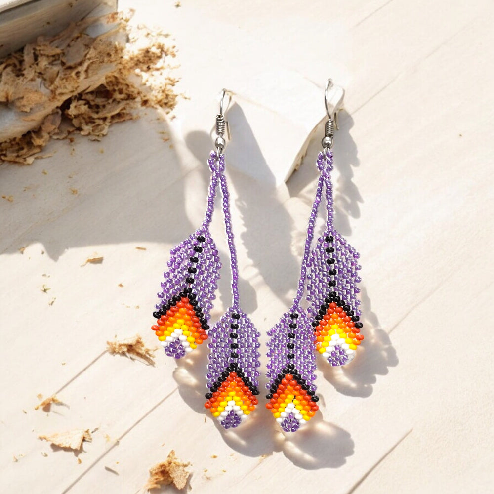 OldTribes™  Purple Beaded Feather Earrings