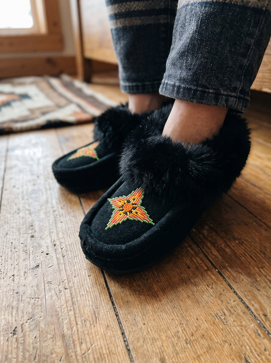 Black Moccasins with Beadwork (Size 7)