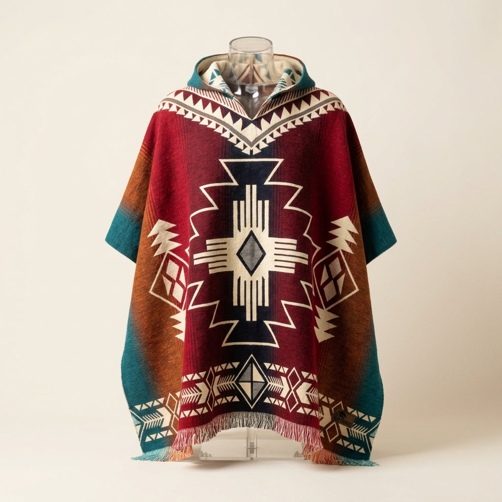 Southwestern Aztec Print Hooded Poncho