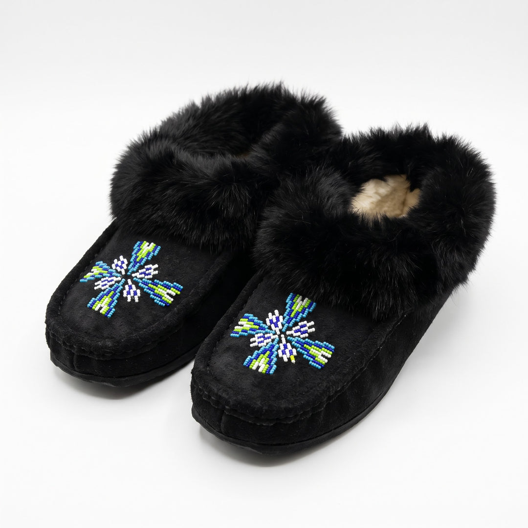 Black Moccasins with Beadwork (Size 10)