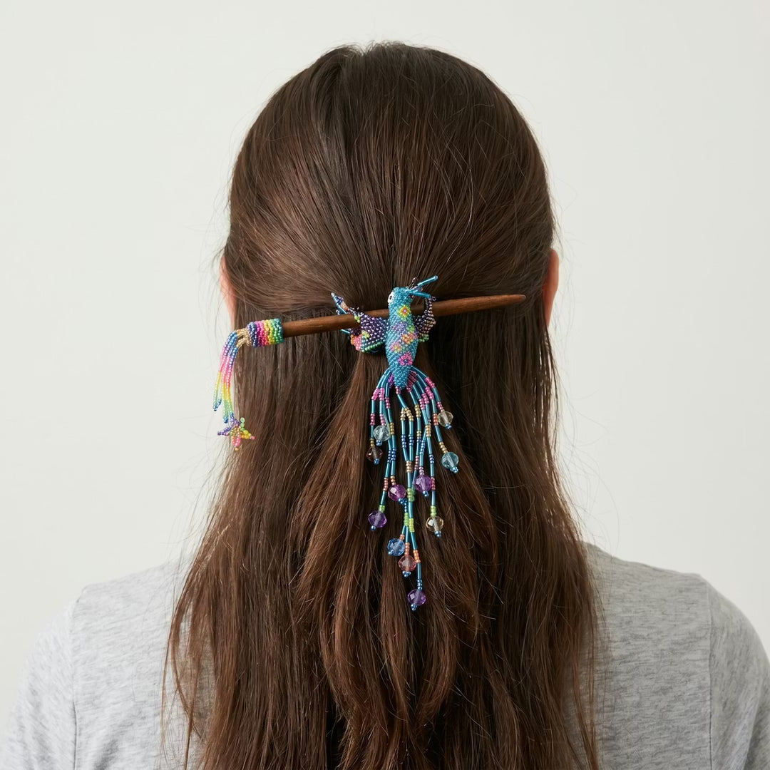 Blue Hummingbird Beaded Hair Stick