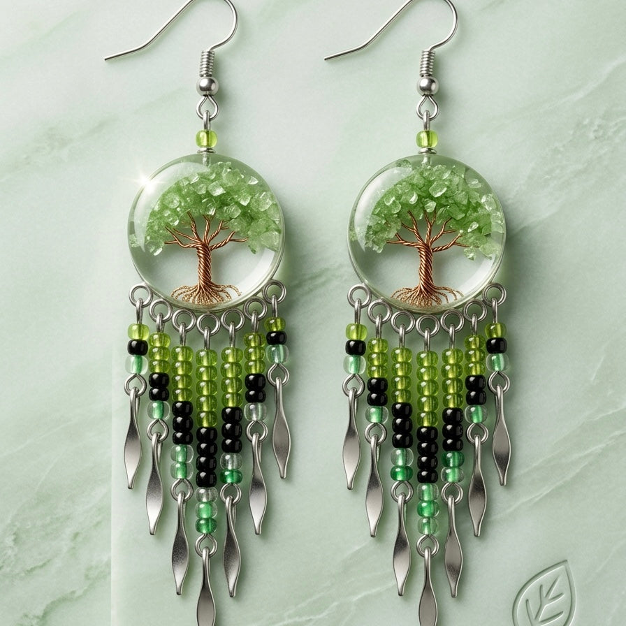 OLDTRIBES™ Tree of life Crushed Chip Stone green Earrings