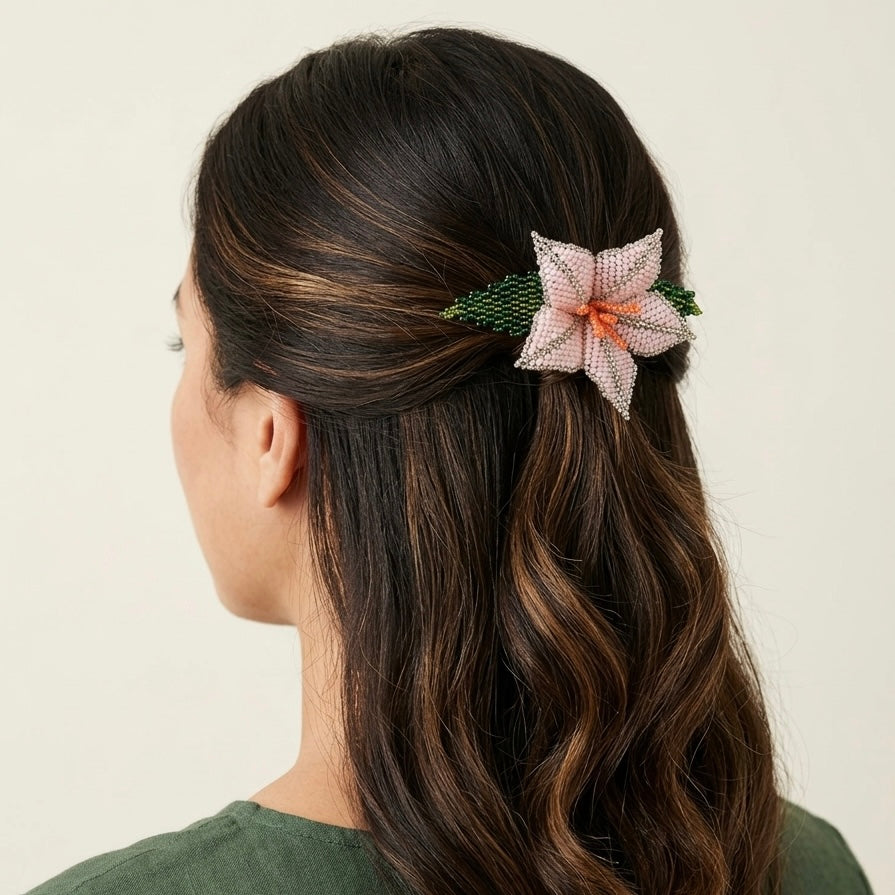 Pink Ember Bloom Beaded Hair Barrette