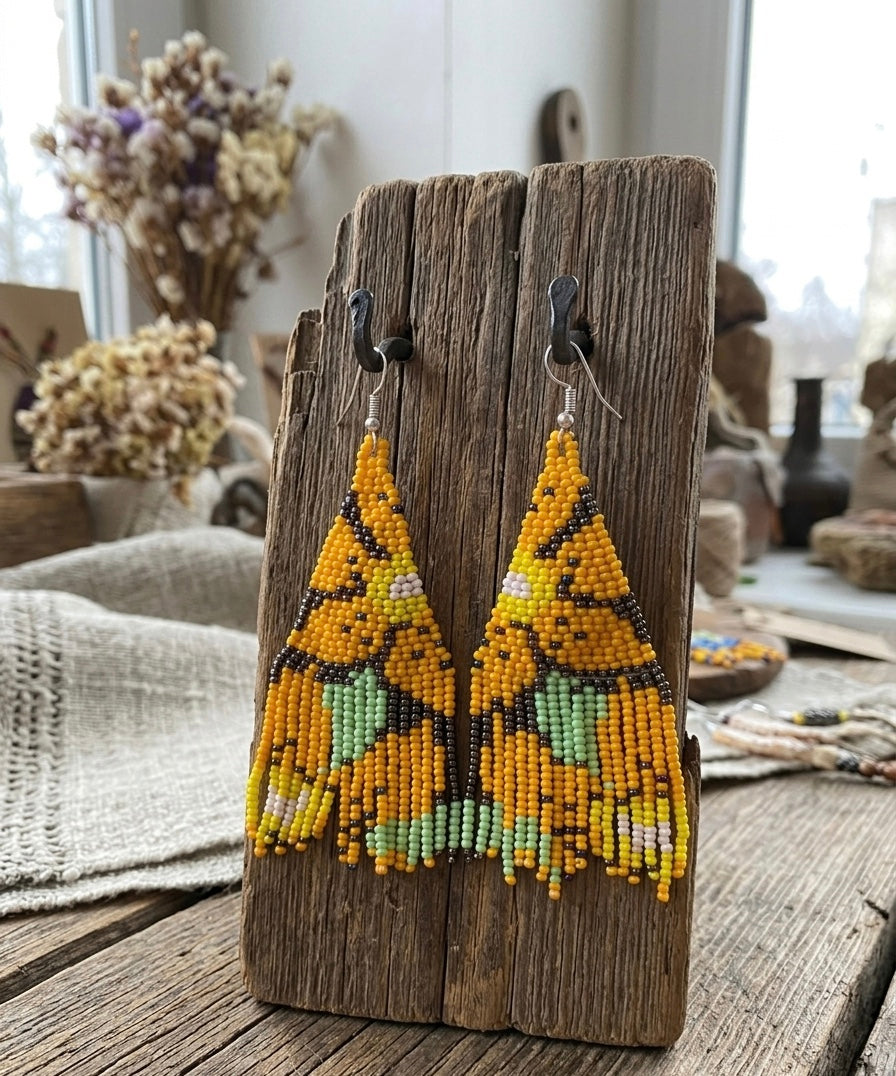 Flower Fringe Beaded Earrings (Mustard)
