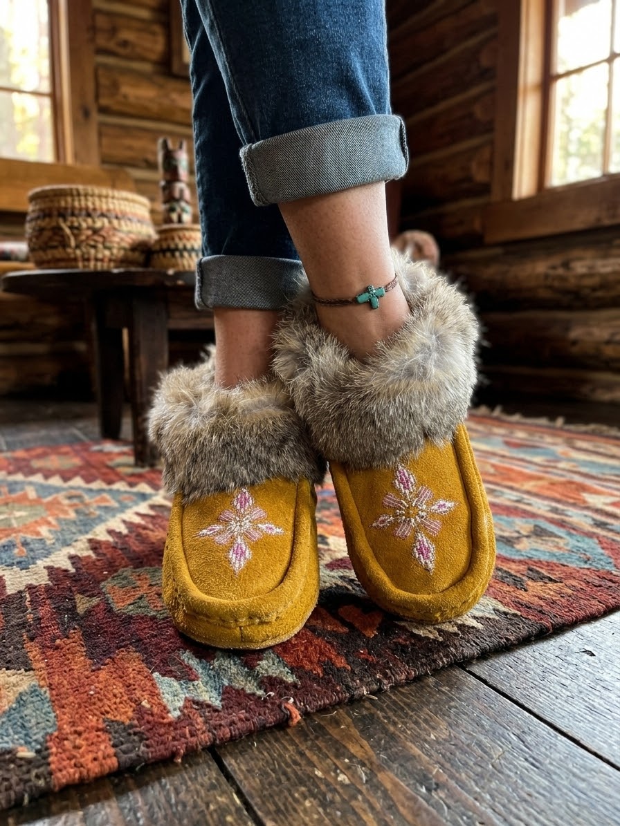 Moccasins with Beadwork (Size 6)