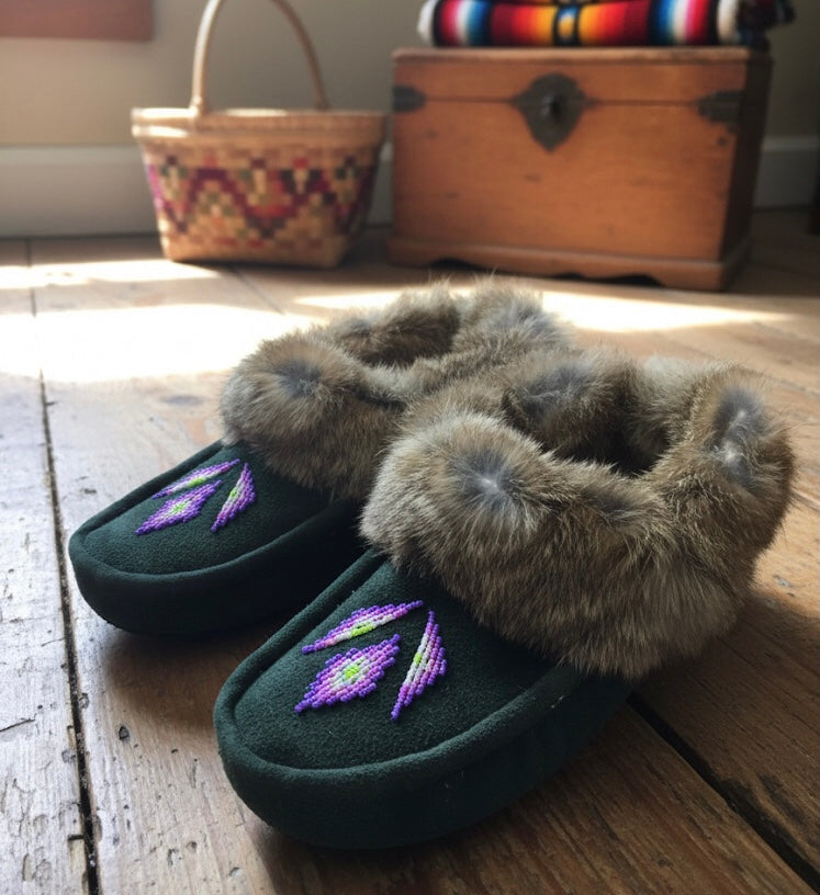 Black and Green Moccasins with Beadwork (Size 9)