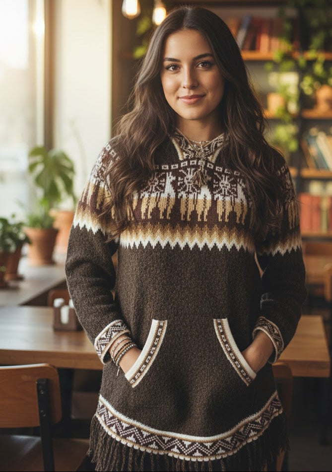 OLDTRIBES™ Women Cardigan Brown Alpaca Sweater