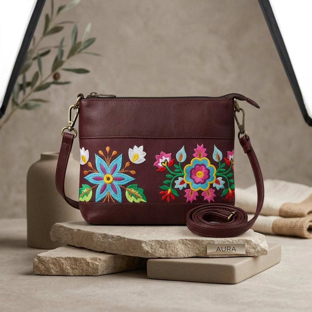 Flower Embroidered Leather Crossbody Bag