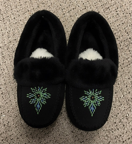 Black  Moccasins with Beadwork (Size 8)