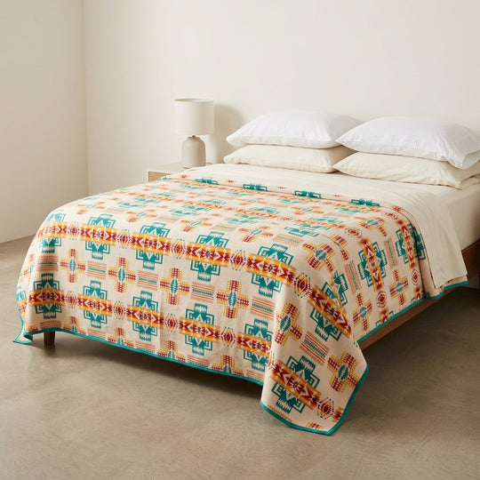Southwestern Style Sherpa-Lined Queen Blanket(Beige)