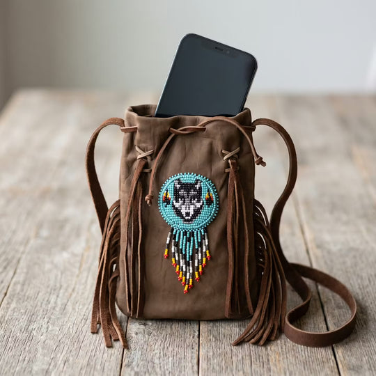Beaded Suede Phone Pouch ~ Brown (Wolf)