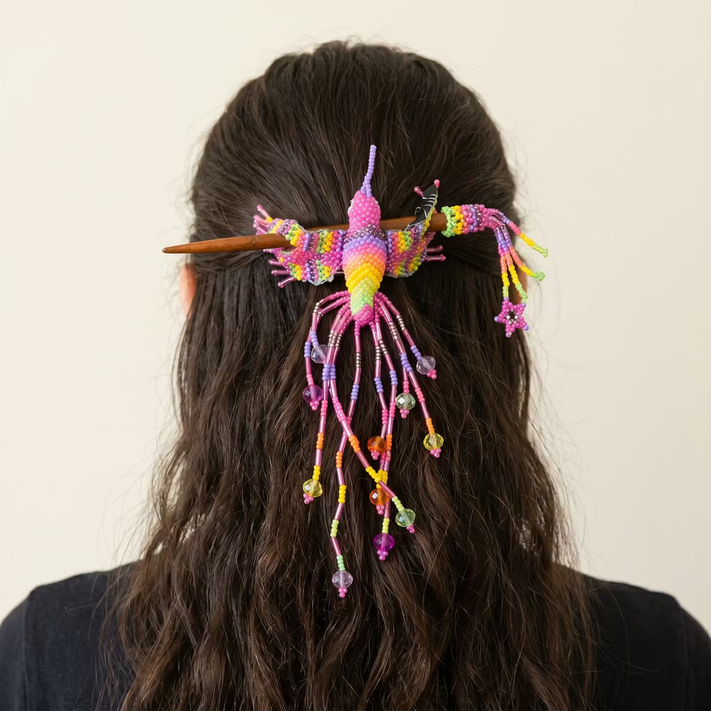 Pink Hummingbird Beaded Hair Stick