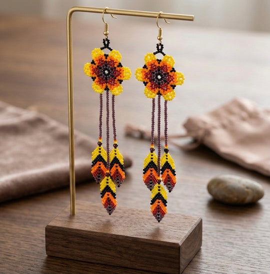 Sun Feather Bloom Beaded Earrings- Yellow