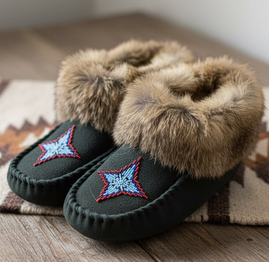 Green Moccasins with Beadwork (Size 8)