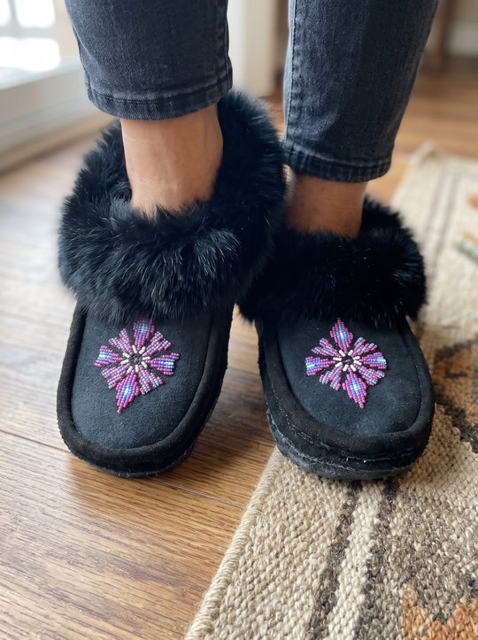 Black Moccasins with Beadwork (Size 10)