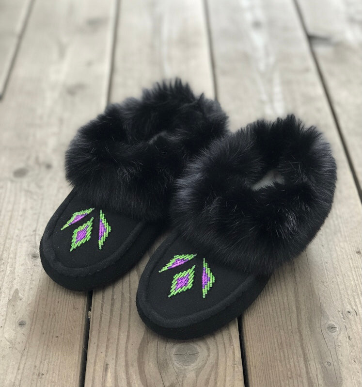 Black Moccasins with Green and Pink Beadwork (Size 7)