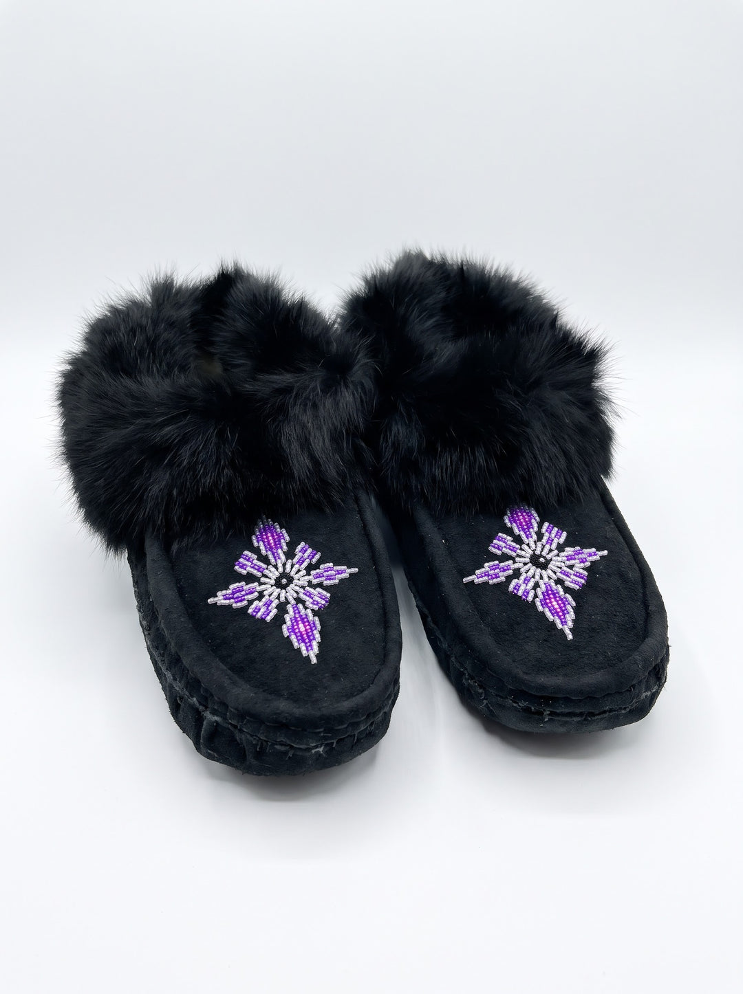 Black Moccasins with Beadwork (Size 8)