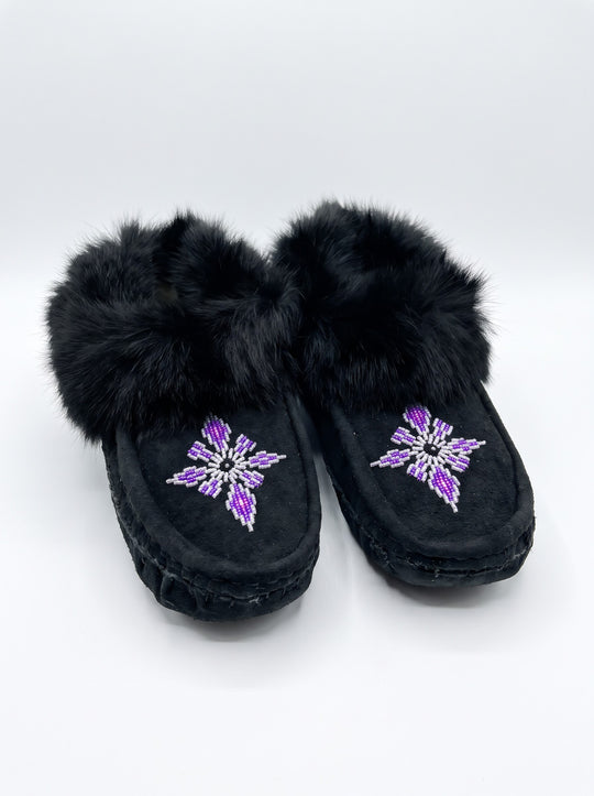 Black Moccasins with Beadwork (Size 8)