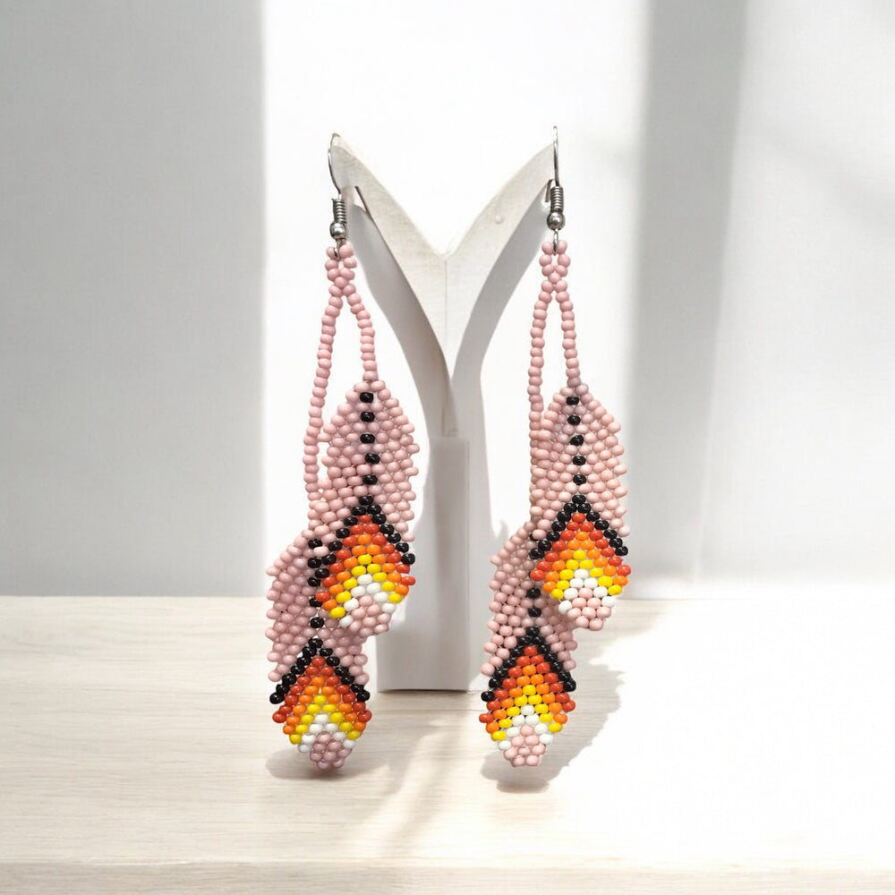 OldTribes lights pink Beaded Feather Earrings