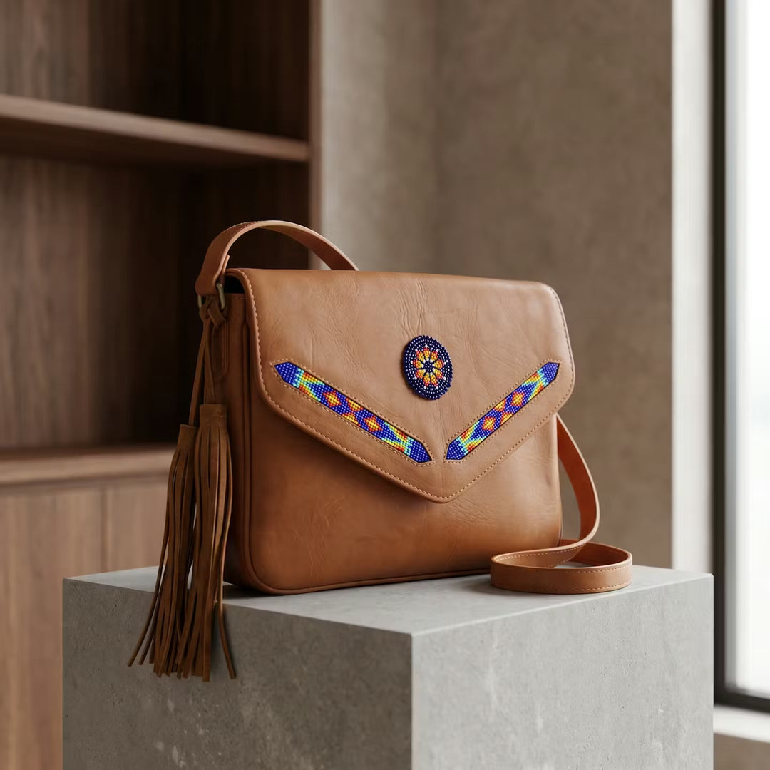 Leather beaded Crossbody bag(Brown)