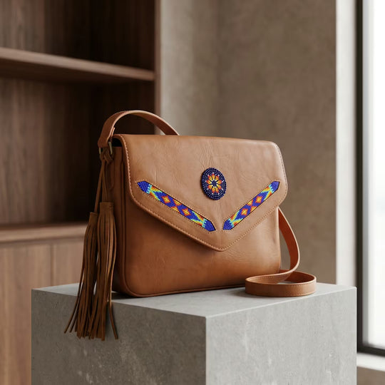 Leather beaded Crossbody bag(Brown)