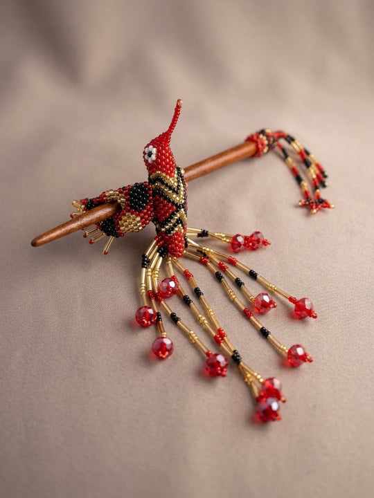 Red &amp; Black Hummingbird Beaded Hair Stick